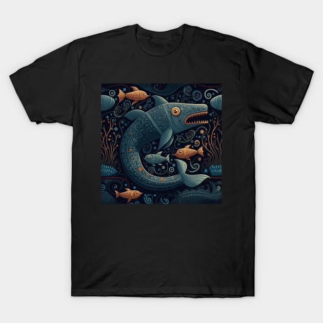 Sea Faring Sea Monster Surrounded by Shoal and Shimmering Seaweed 1 T-Shirt by All Folked Up